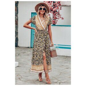 PRETTYGARDEN Women Boho Summer Side Split Deep V Neck Short Sleeves Maxi Dress